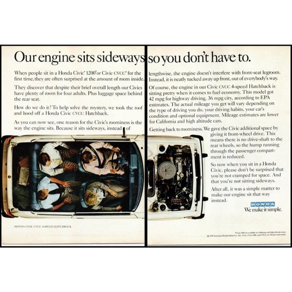 1978 Honda Civic CVCC Hatchback 2 Page Vintage Print Ad Cutaway Picture Wall Art - Picture 1 of 3